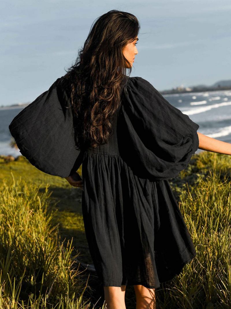 Vestido Boho Feminino Com Gola Enfeitada Meia Manga Verão Grande - Preto