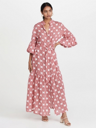 Vestido Boho Feminino Melancia Vermelho Manga Lanterna Babados Vestidos Maxi Casuais