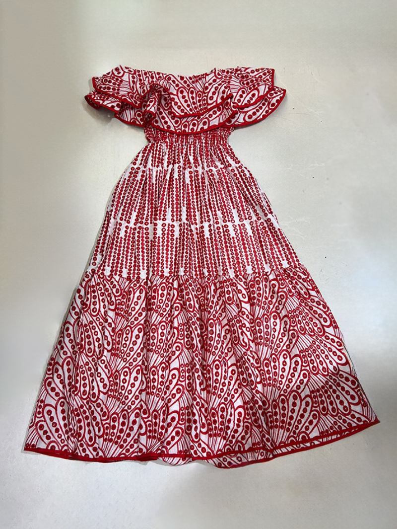 Vestido Boho Feminino Sem Alças Com Gola Bateau Mangas Em Camadas Renda Verão - Vermelho