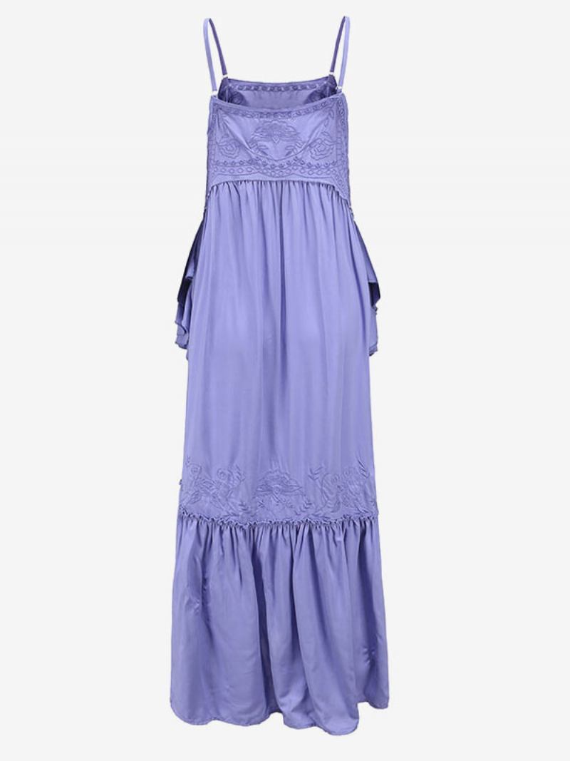 Vestido Boho Lilás Bordado Sem Mangas Boêmio Cigano Praia Férias Verão Longo Em Camadas Para Mulheres - Lilás