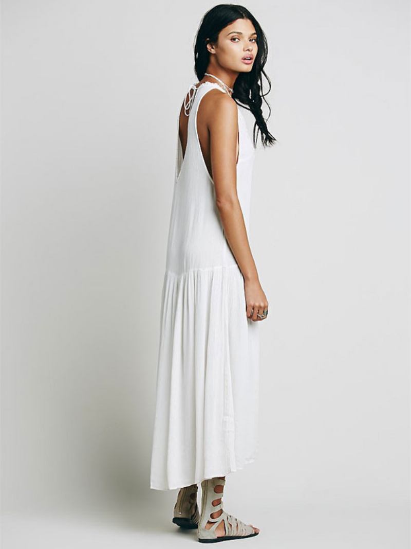 Vestido Boho Sem Mangas Com Decote Em V Bordado Boêmio Cigano Praia Férias Azul-petróleo Longo Verão Para Mulheres - Branco