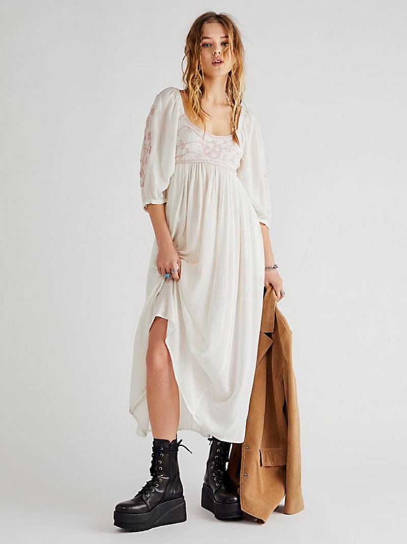 Vestido Feminino Azul Marinho Escuro Inspirado Em Boho Corpete Estampado Franzido Casual Praia Vestidos Maxi - Bege
