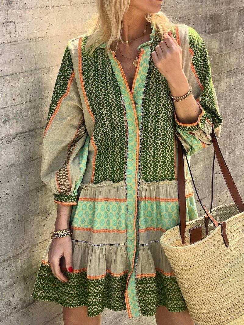 Vestido Floral Feminino Mini Vestidos Estampa Mangas Compridas Com Decote Em V Chique Babados Grandes Sem Costura Aberta Curto Verão - Verde