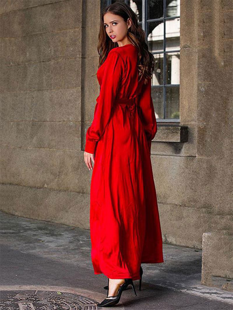 Vestidos Maxi Femininos Com Decote Em V Mangas Compridas Sexy Vestido Comprimento Até O Chão Fenda Alta - Vermelho