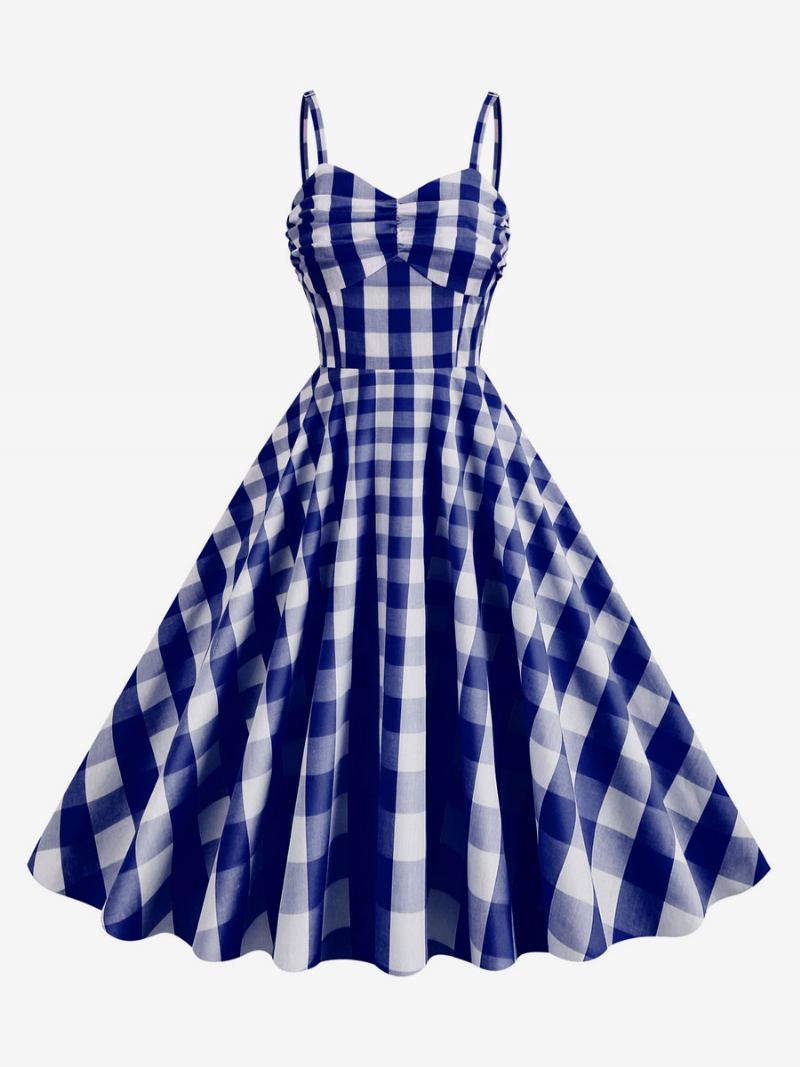 Vestido Feminino Barbie Rosa Riscado Dos Anos 1950 Com Alças Plissadas Vintage Xadrez - Azul Profundo