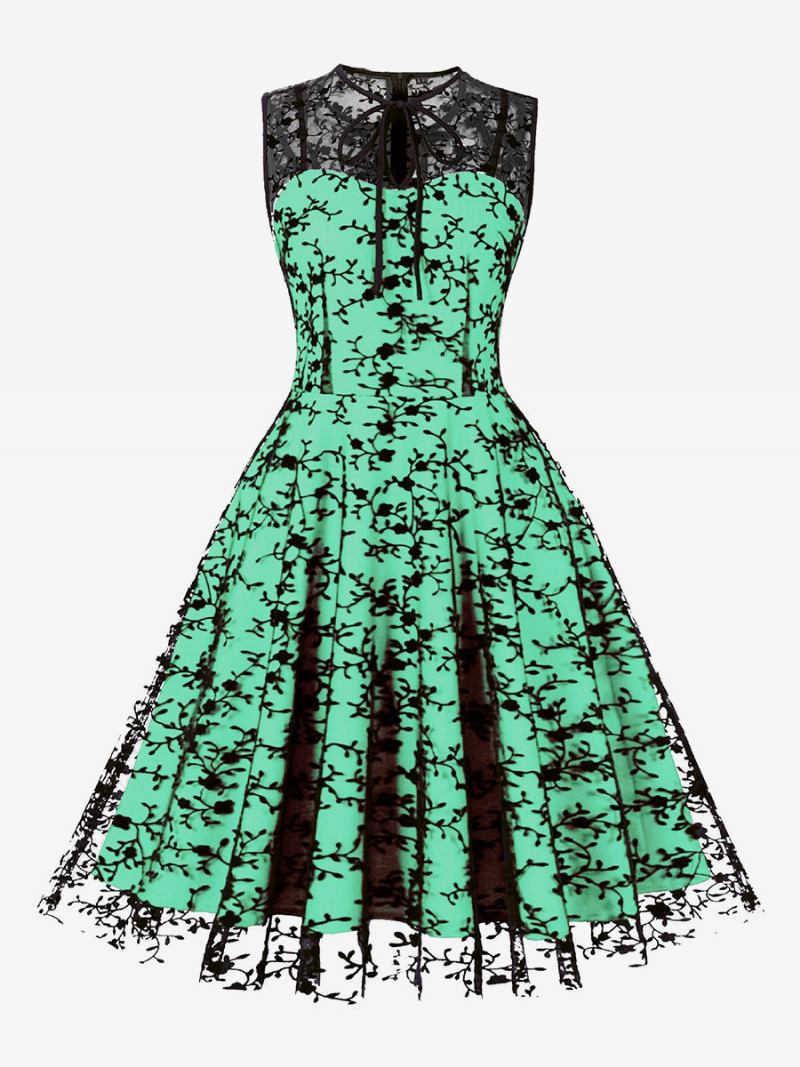 Vestido Feminino Bordado Em Volta Do Pescoço Sem Mangas Com Cordões Vestidos Retrô - Verde Claro