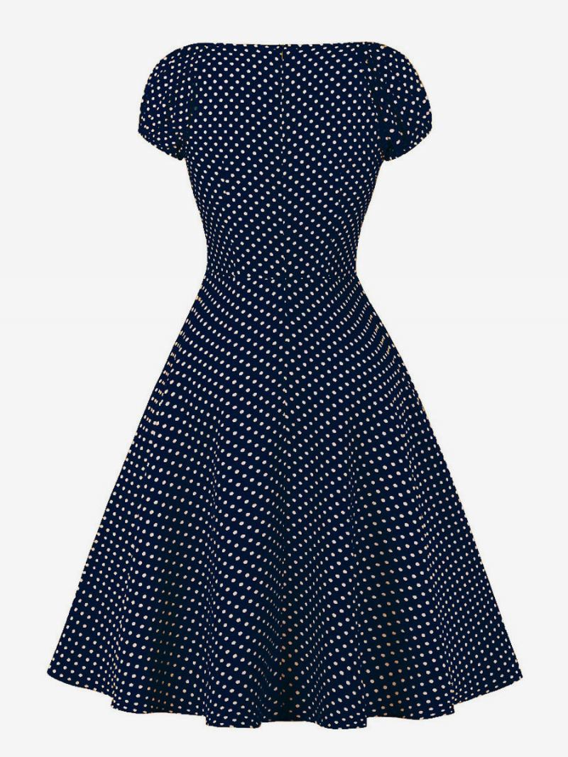 Vestido Feminino Estilo Audrey Hepburn Dos Anos 1950. Retrô Decote Em V Manga Curta Bolinhas Midi Swing - Azul Profundo