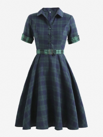 Vestido Feminino Estilo Audrey Hepburn Dos Anos 1950. Vintage Com Decote Em V Gola Aberta Mangas Curtas Comprimento Do Joelho Xadrez Swing