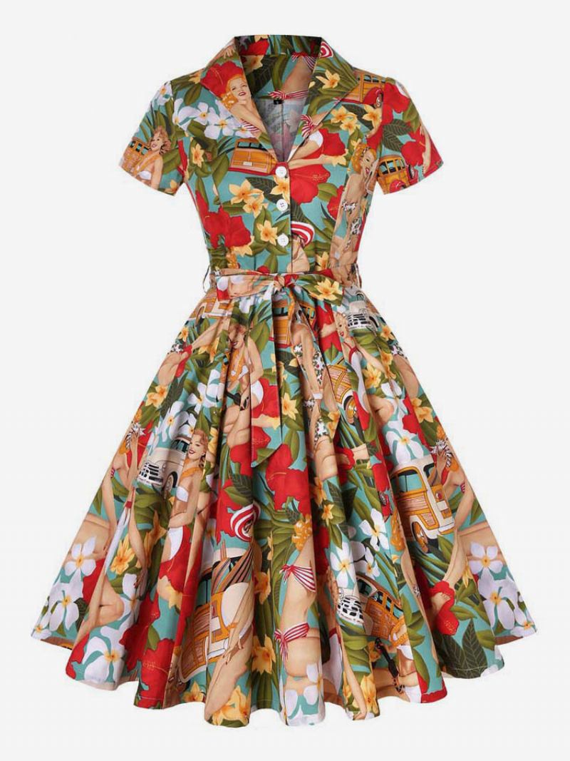 Vestido Feminino Estilo Audrey Hepburn Dos Anos 1950. Vintage Decote Em V Mangas Curtas Altura Do Joelho Estampa Floral Rockabilly - Vermelho