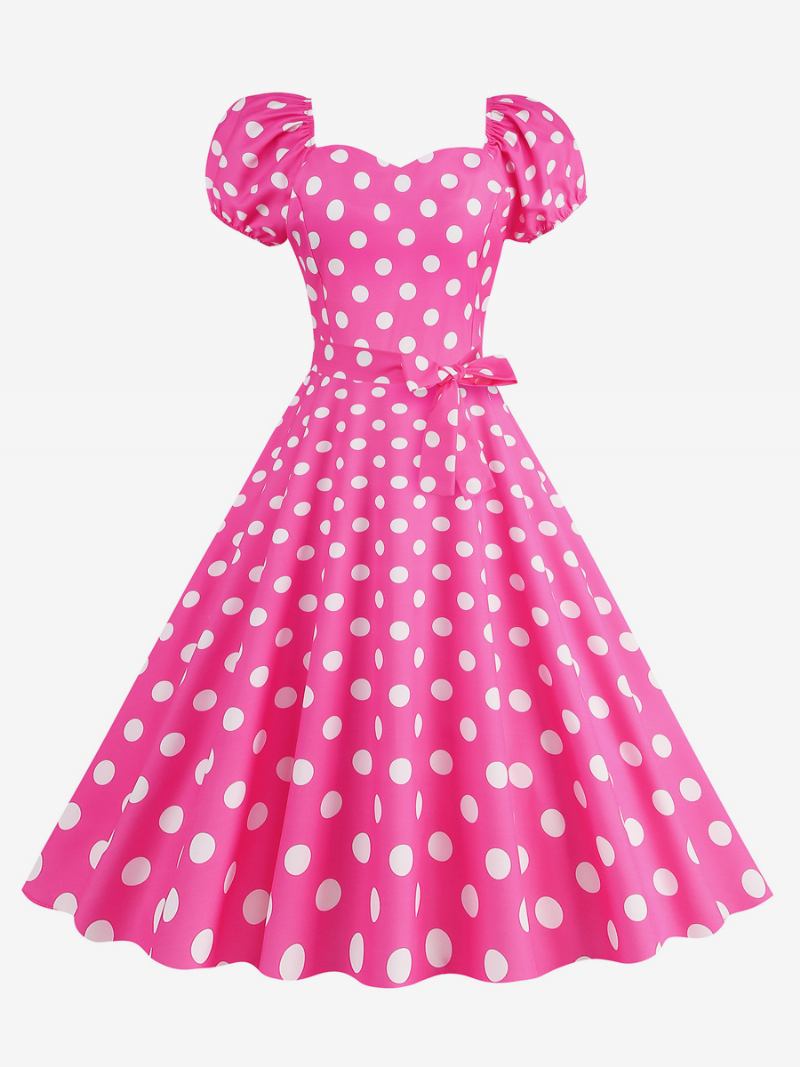 Vestido Feminino Vintage Com Decote Em Coração Mangas Bufantes Bolinhas Vestidos Longos Casuais - Rosa
