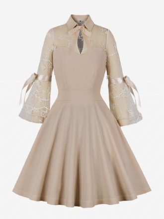 Vestido Feminino Vintage Dos Anos 1950 Audrey Hepburn Estilo Damasco Estampa Floral Renda Manga Comprida Gola Rockabilly