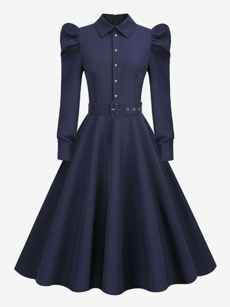 Vestido Feminino Vintage Dos Anos 1950. Estilo Audrey Hepburn Azul Marinho Escuro Mangas Compridas Gola Aberta Rockabilly