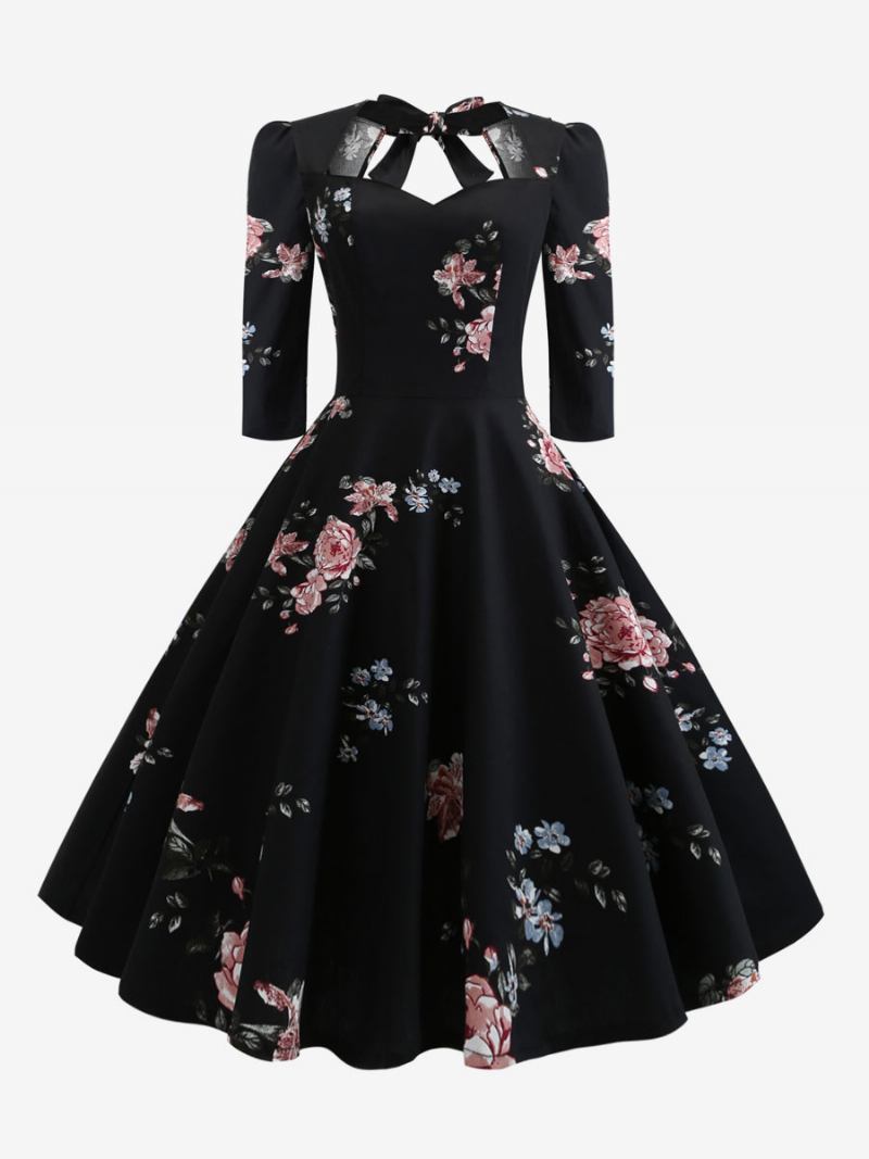 Vestido Feminino Vintage Dos Anos 1950. Estilo Audrey Hepburn Decote Em Coração Renda Camadas Mangas 3/4. Estampa Floral Média Rockabilly