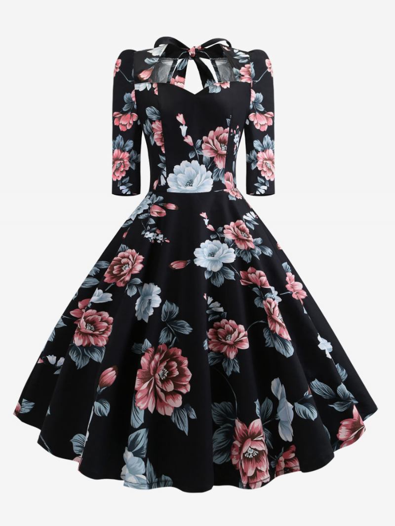 Vestido Feminino Vintage Dos Anos 1950. Estilo Audrey Hepburn Decote Em Coração Renda Camadas Mangas 3/4. Estampa Floral Média Rockabilly - Cinza
