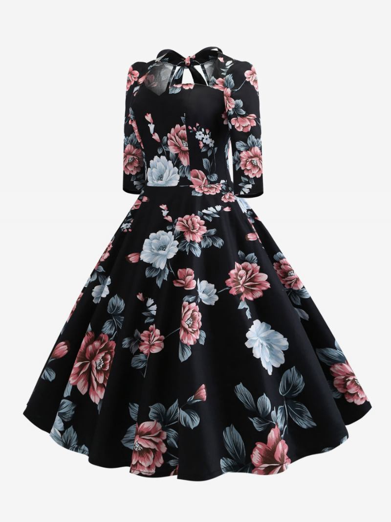 Vestido Feminino Vintage Dos Anos 1950. Estilo Audrey Hepburn Decote Em Coração Renda Camadas Mangas 3/4. Estampa Floral Média Rockabilly - Cinza