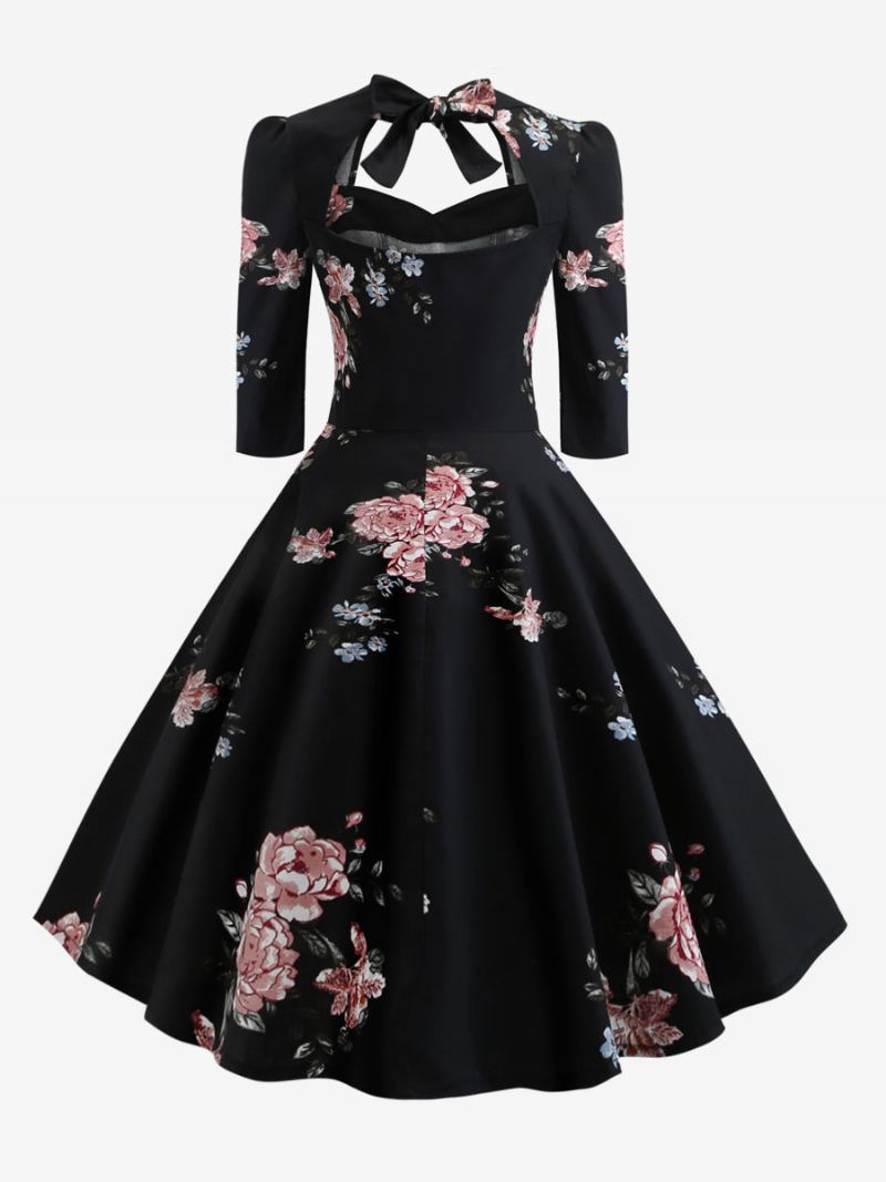 Vestido Feminino Vintage Dos Anos 1950. Estilo Audrey Hepburn Decote Em Coração Renda Camadas Mangas 3/4. Estampa Floral Média Rockabilly - Preto