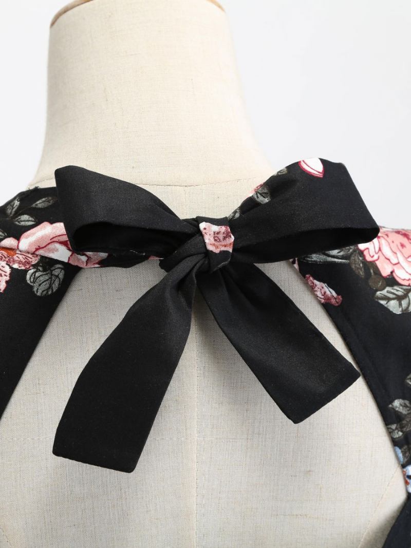 Vestido Feminino Vintage Dos Anos 1950. Estilo Audrey Hepburn Decote Em Coração Renda Camadas Mangas 3/4. Estampa Floral Média Rockabilly - Preto