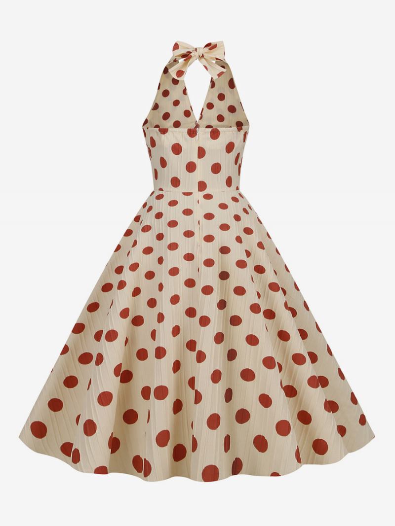 Vestido Feminino Vintage Vermelho Dos Anos 1950 Audrey Hepburn Estilo Bolinhas Plissadas Sem Mangas Com Decote Em V Médio Swing - Vermelho