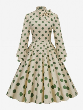 Vestido Retrô Dos Anos 1950 Audrey Hepburn Estilo Gola Alta Arcos Mangas Compridas Feminino Médio Bolinhas Swing