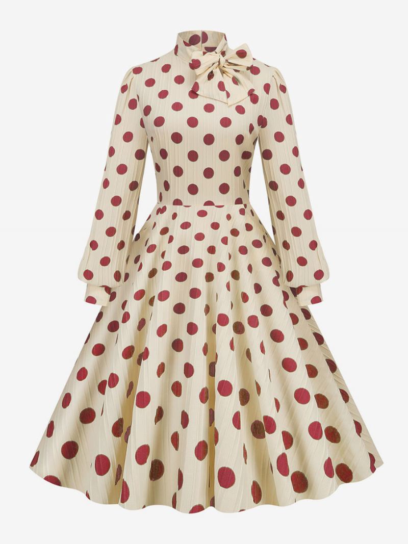 Vestido Retrô Dos Anos 1950 Audrey Hepburn Estilo Gola Alta Arcos Mangas Compridas Feminino Médio Bolinhas Swing - Vermelho