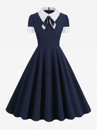 Vestido Retrô Dos Anos 1950. Estilo Audrey Hepburn Gola Peter Pan Manga Curta Feminino Médio Em Dois Tons