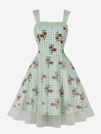 Vestido Retrô Feminino Dos Anos 1950 Audrey Hepburn Estilo Gola Quadrada Sem Mangas Estampa Floral Na Altura Do Joelho Verde Claro