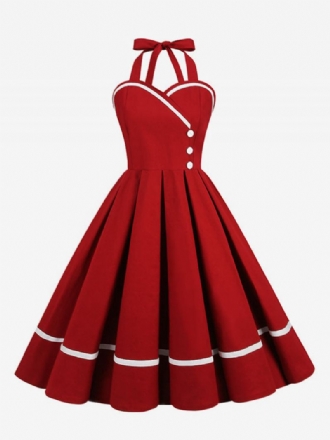 Vestido Retrô Feminino Dos Anos 50 Audrey Hepburn Estilo Borgonha Em Camadas Botões Sem Mangas Balanço Com Decote Coração