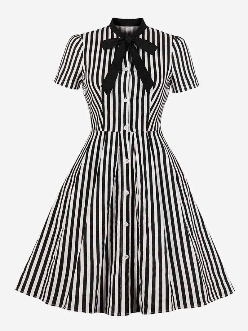 Vestido Vintage 1950 Listrado Laço Manga Curta Retrô Feminino Swing