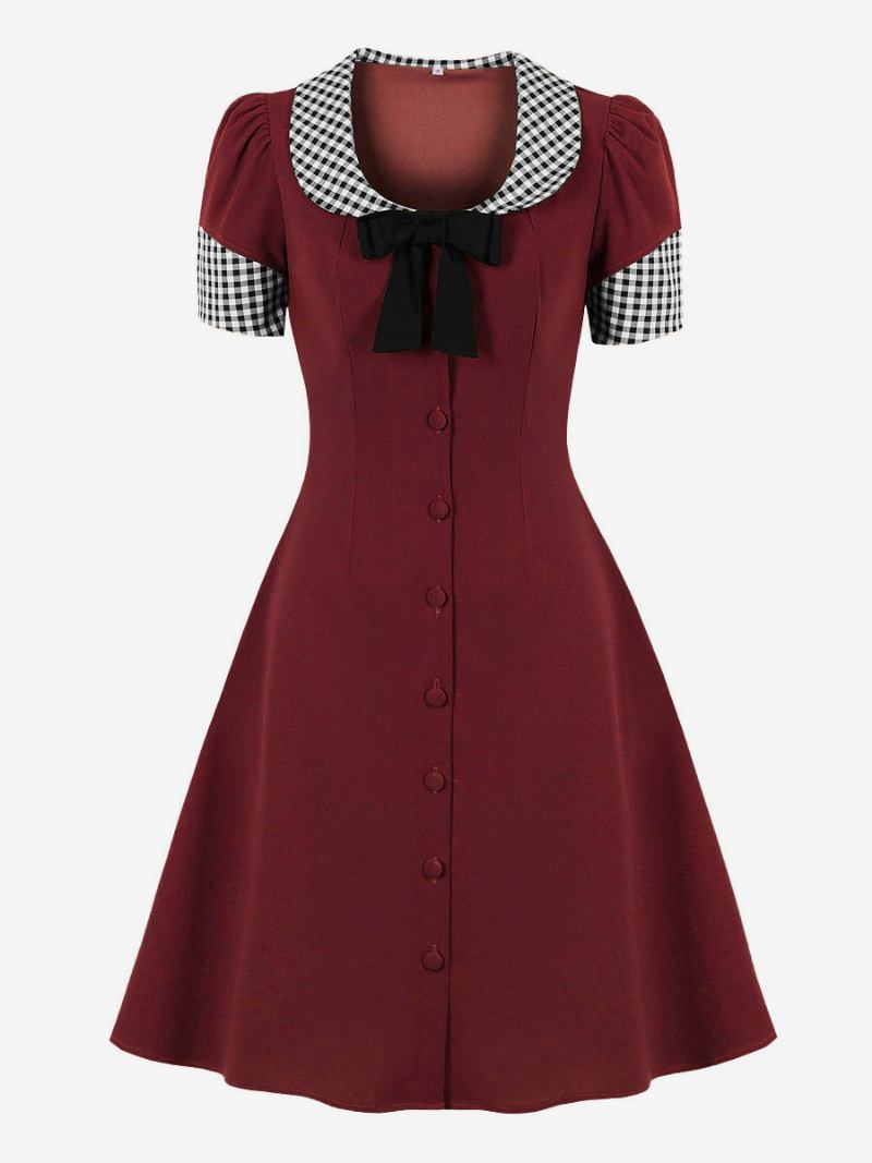 Vestido Vintage Anos 50 Audrey Hepburn Estilo Rendas Até Mangas Curtas Feminino Na Altura Do Joelho Bloco Colorido Rockabilly - Borgonha 