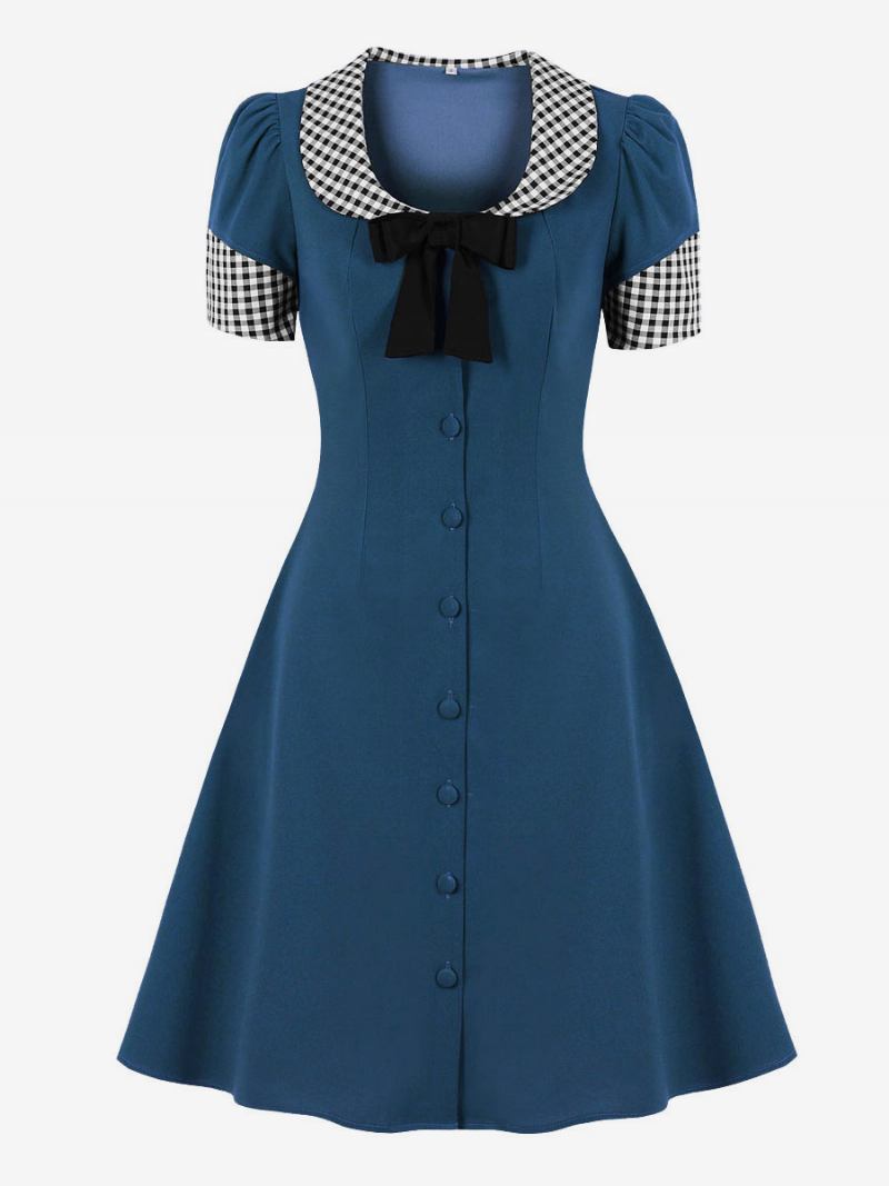 Vestido Vintage Anos 50 Audrey Hepburn Estilo Rendas Até Mangas Curtas Feminino Na Altura Do Joelho Bloco Colorido Rockabilly -  Azul Profundo