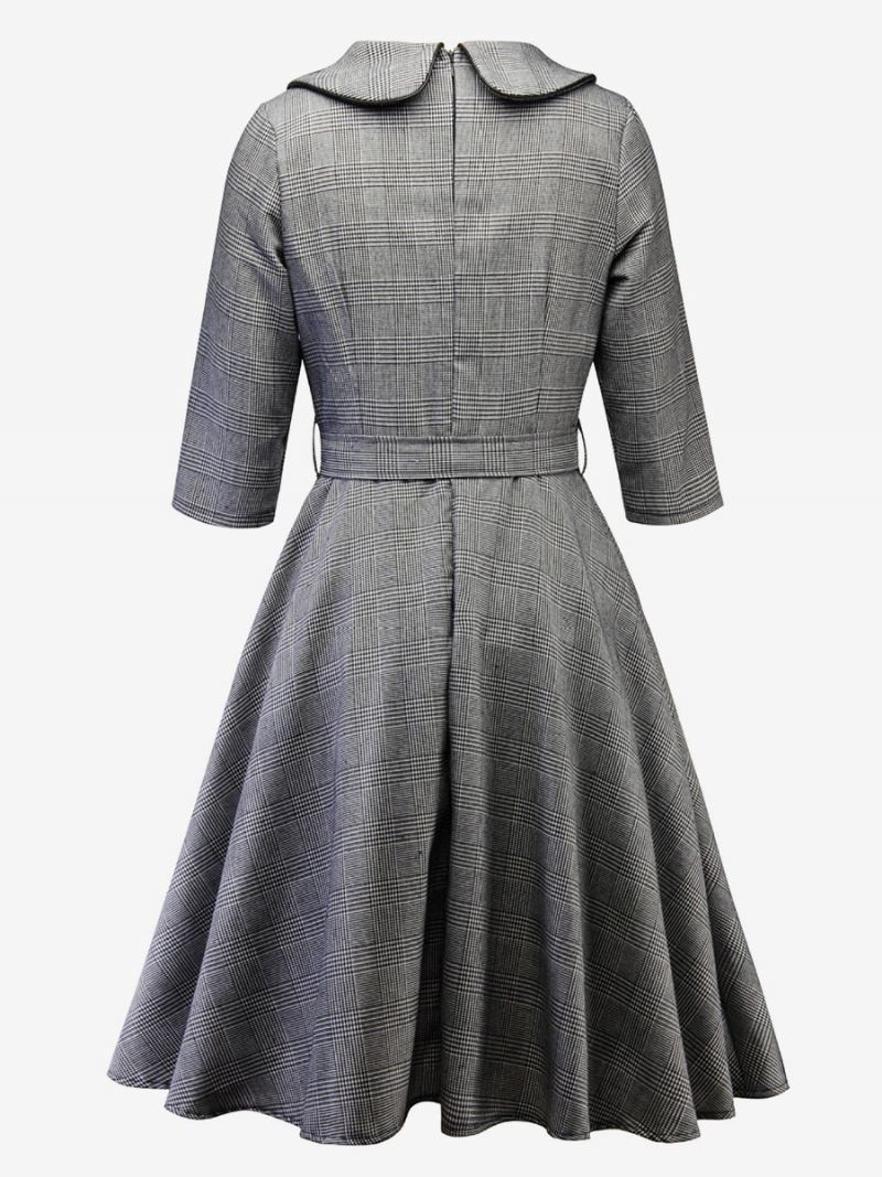 Vestido Xadrez Retrô Feminino Decote Irregular Cinto Botões Vestidos Dia - Preto