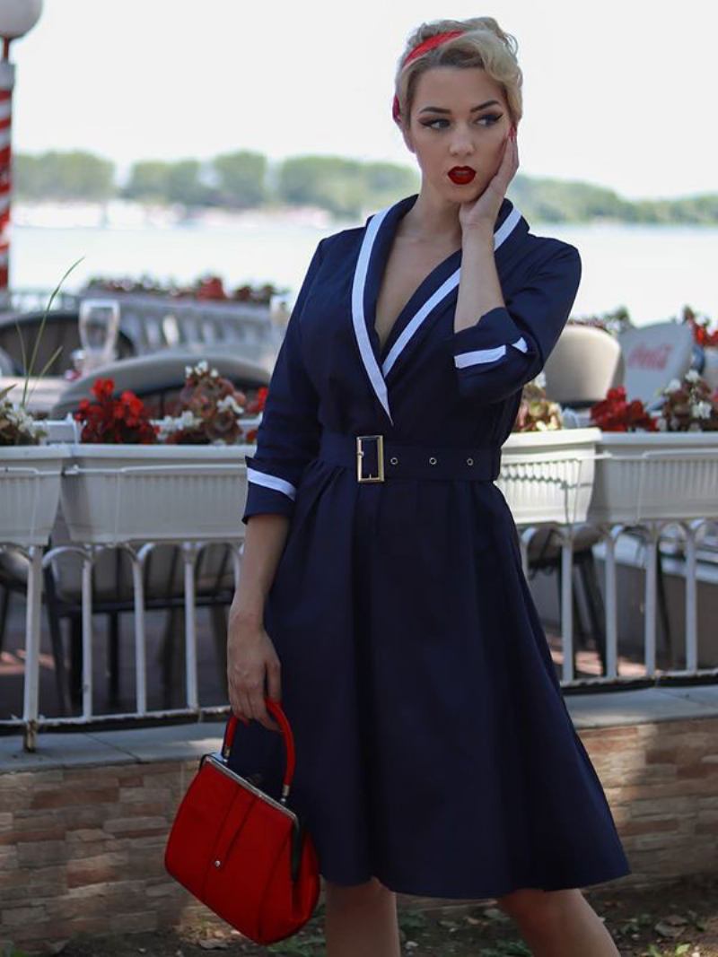 Vestidos Vintage Femininos Anos 1950. Estilo Audrey Hepburn Azul Marinho Escuro Dois Tons Cinto Manga Comprida Decote Em V Vestido Midi